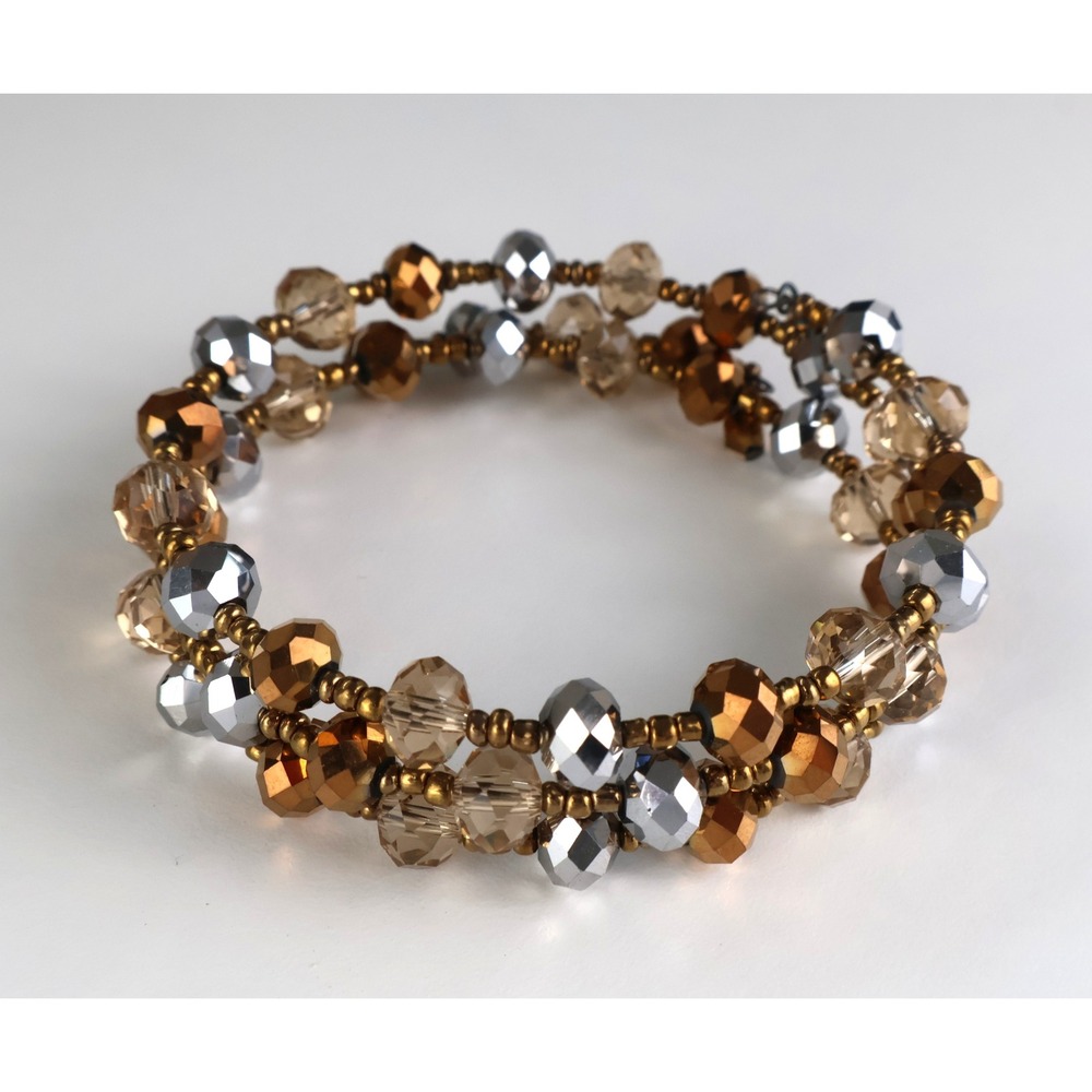 Metallic Beaded Memory Wire Wrap Bracelet Bronze Silver Champagne One Size